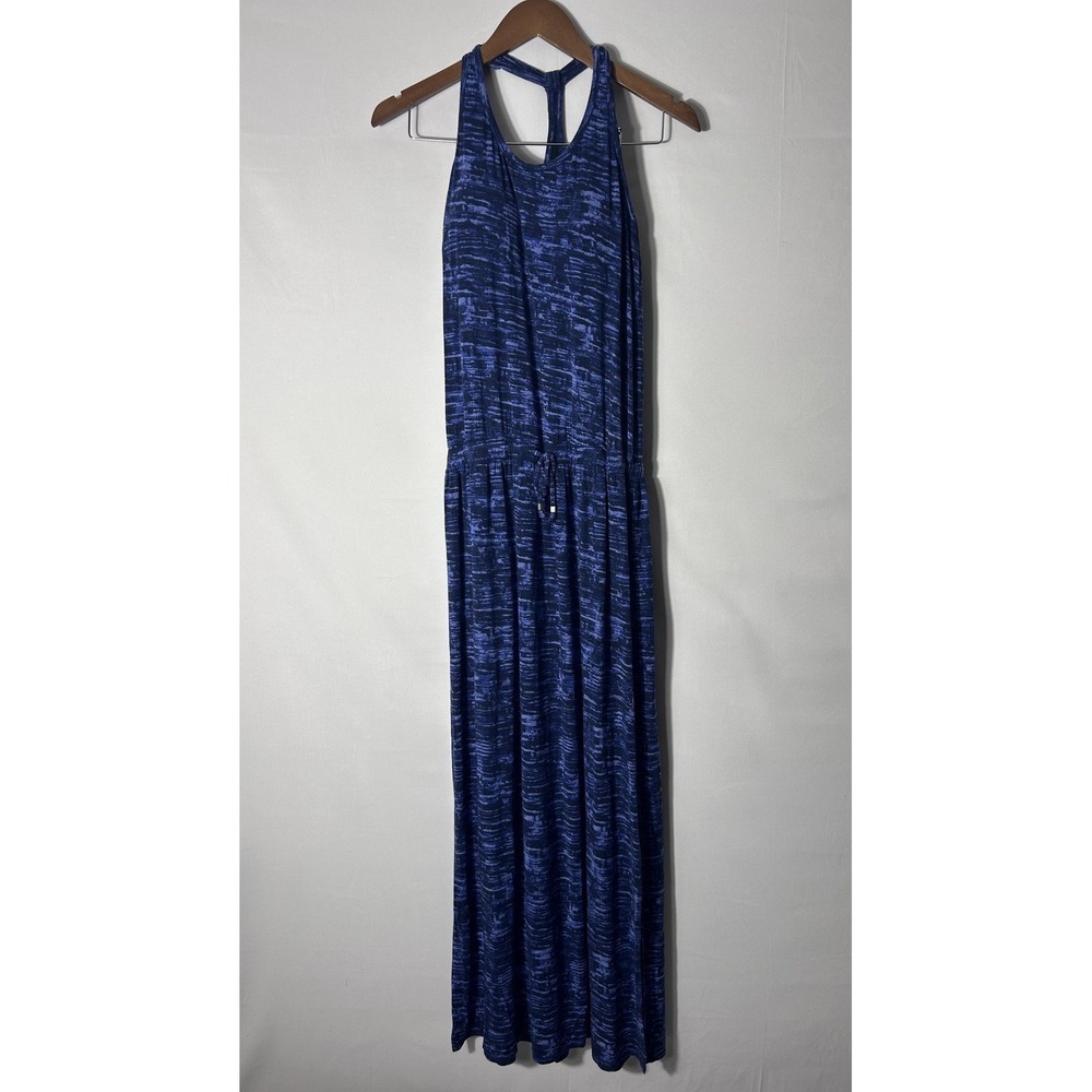 Athleta Printed Cressida Dress Womens Medium Blue Racerback Maxi Built in Bra